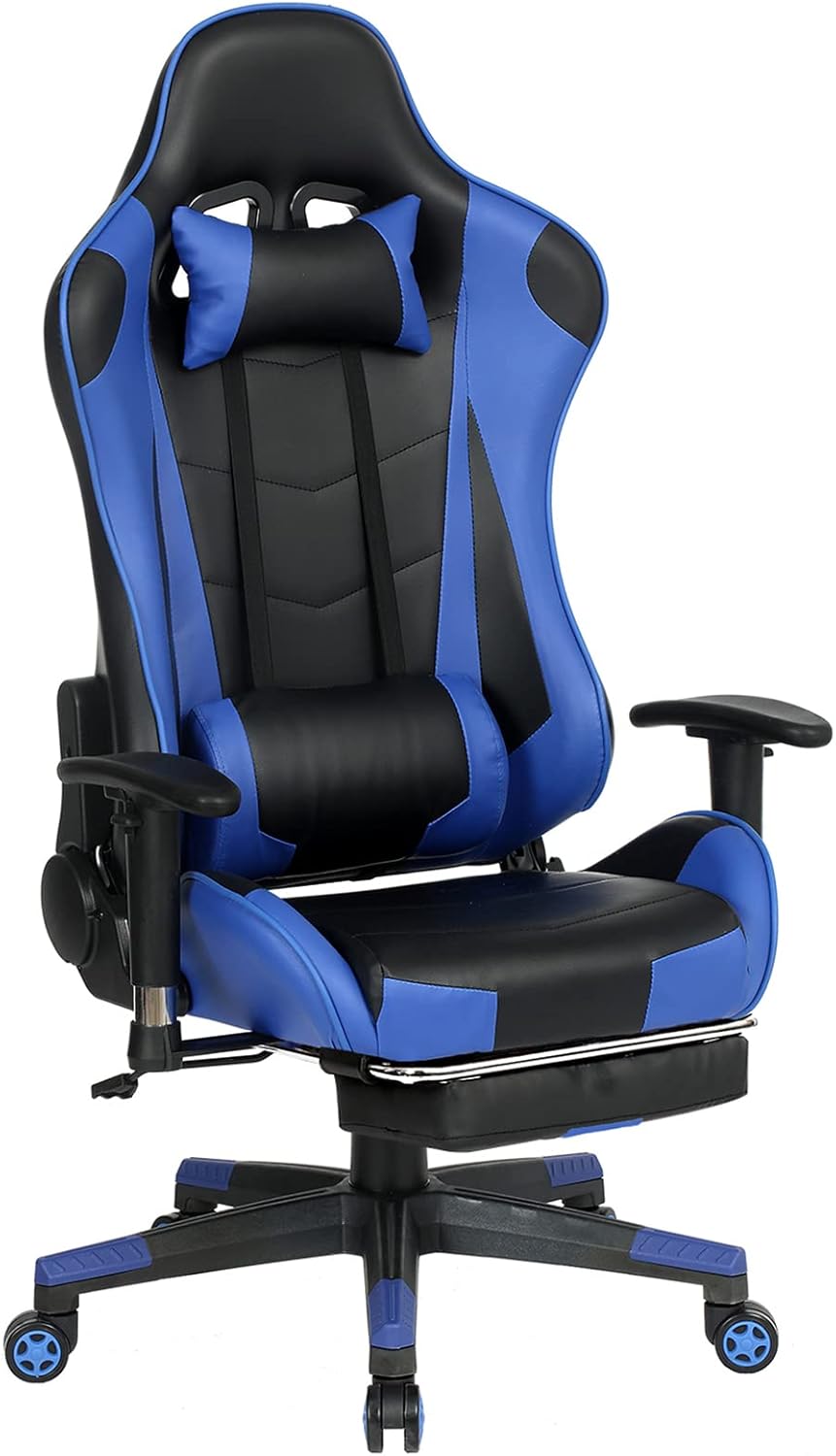 Recaceik Gaming Chair, Ergonomic Gaming Chair with Lumbar Support Headrest Retractable Foot Rest, Reclining Video Gaming Chair Office Chair Back Support Adjustable Swivel Gaming Massage Chair (Grey)