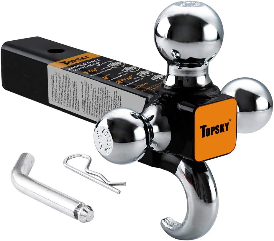 TOPSKY TS2012 Trailer Hitch Ball Mount with Hook, 2 Inch Receiver, Hollow Shank Tow Hitch, Hitch Pin & Clip, Chrome Pack of 2