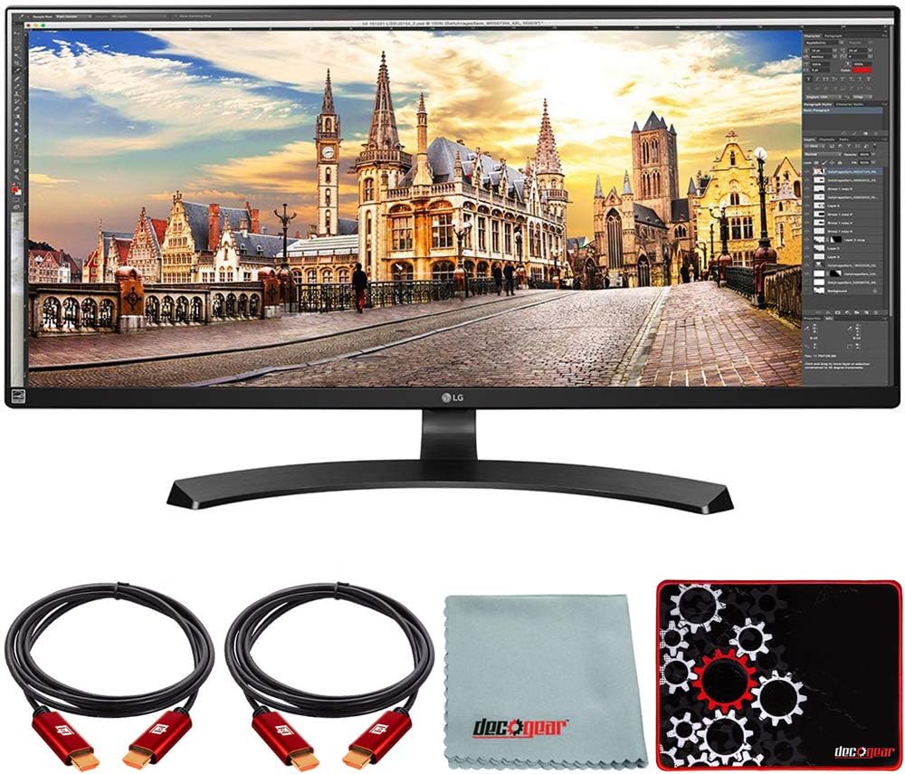 LG 34 inch 21:9 UltraWide FreeSync 2560 x1080 IPS Monitor Bundle with Deco Gear HDMI Cable 2 Pack + Gamer Surface Mousepad + Screen Cloth