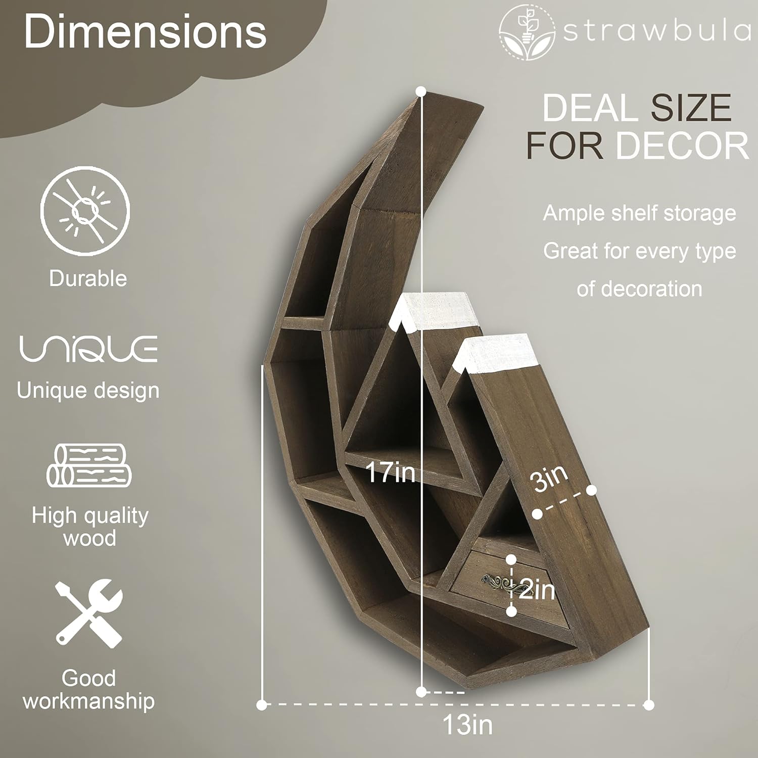 Wall Hanging Moon Shelf – 17 x 13 Inches Crescent Moon and Mountain Shelf Decor – Deluxe Crystal Holder – Easy Installation – Elegant and Modern Floating Shelf with Drawer – Witchy Room Decor Pack of 2