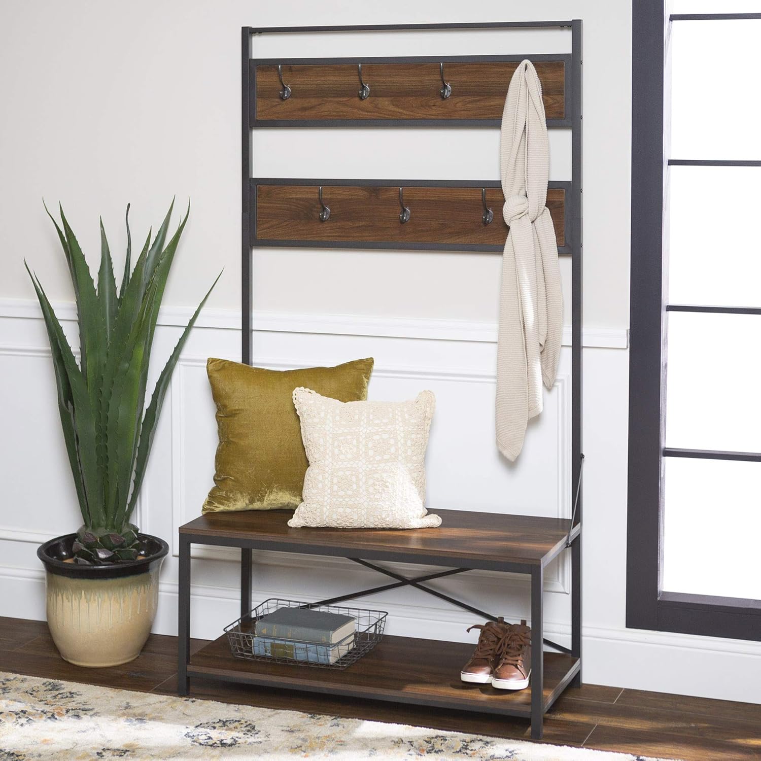 Walker Edison August Modern Farmhouse X Back Hall Tree with Bench, 72 Inch, Rustic Oak