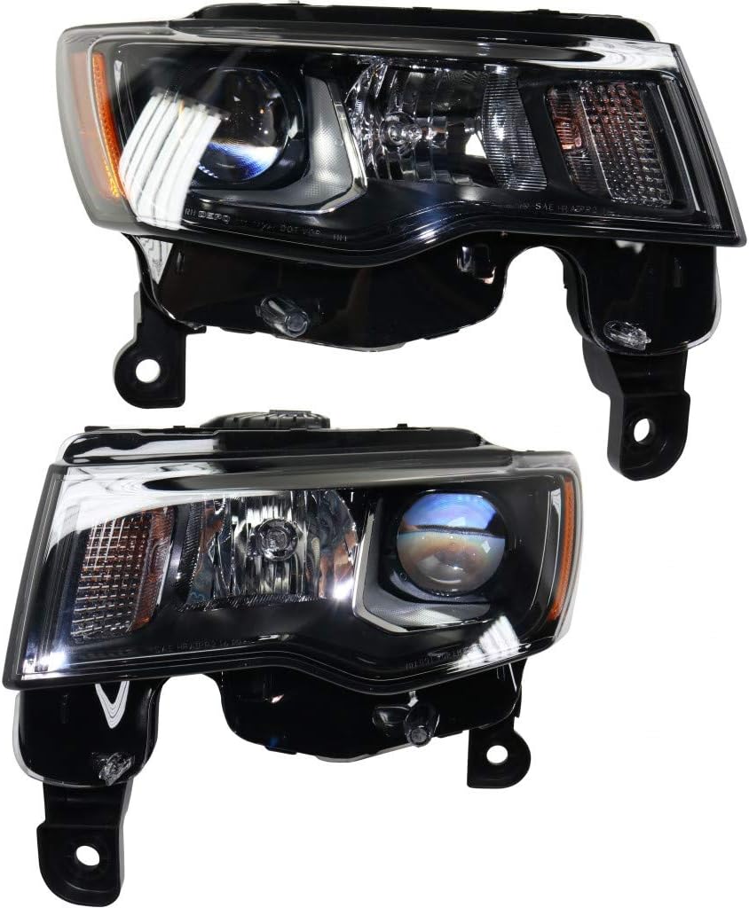 For Jeep Grand Cherokee Headlight Assembly 2017 2018 2019 Driver and Passenger Side Pair/Set | Halogen Type | Black Trim | Standard Type | CAPA | CH2502309 + CH2503309 | 68266647AD + 68266646AD