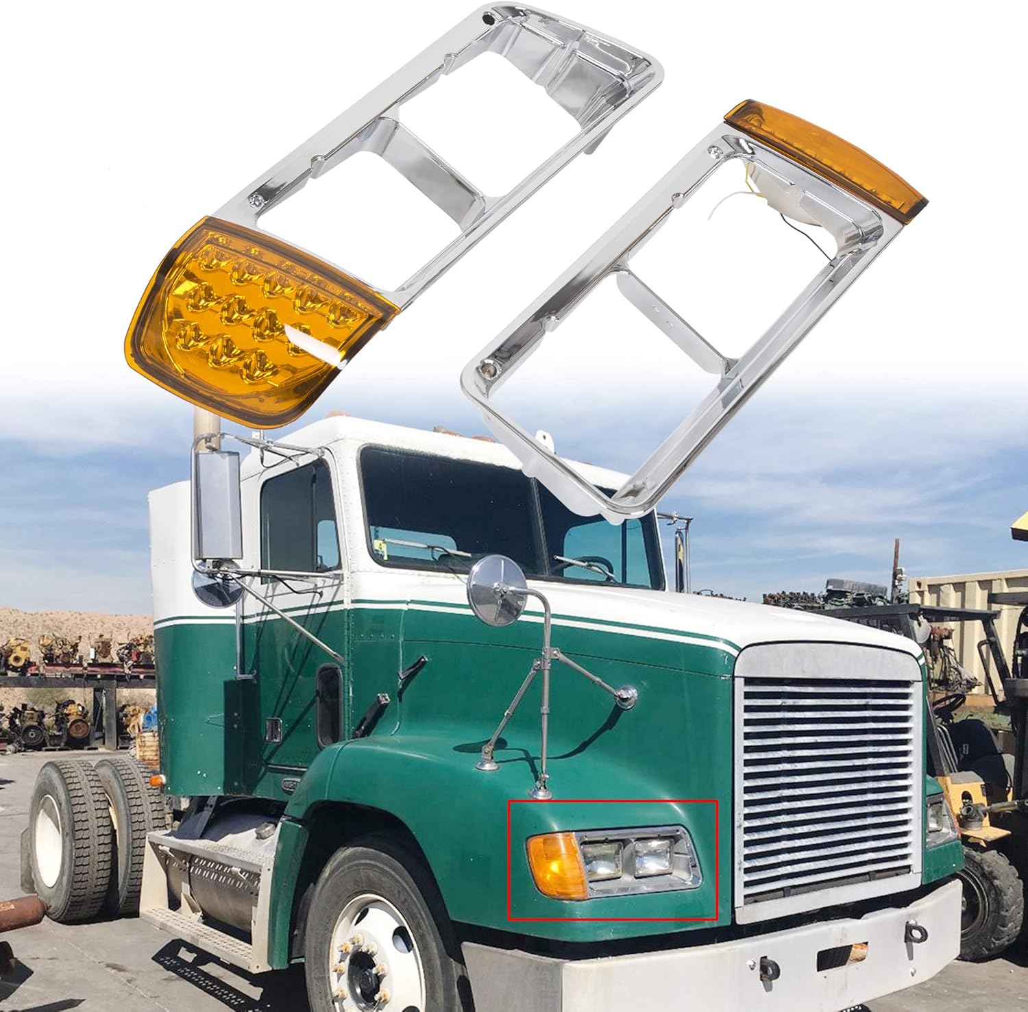 ECOTRIC 3 wires LED Turn Signal Lamp Light Headlight Bezel Pair Compatible With 1989-2002 Freightliner FLD models - Replace For A06-20738-000