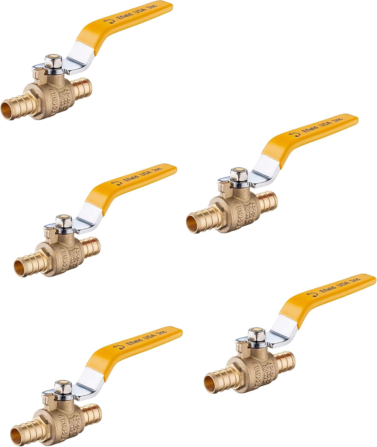 (Pack of 5) EFIELD 1-Inch Pex Brass Full Port Shut-off Ball Valve, Yellow Handle Lead Free Brass UPC Certified Pack of 2