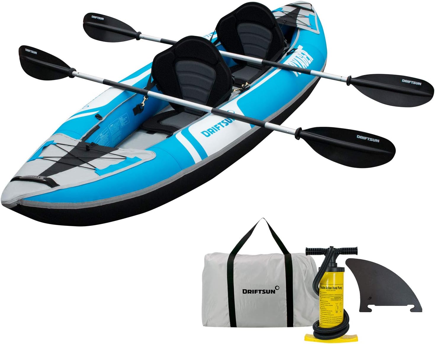 Driftsun Voyager Inflatable Kayak - 2 Person Tandem Kayak, Includes Aluminum Paddles, Padded Seats, Double Action Pump
