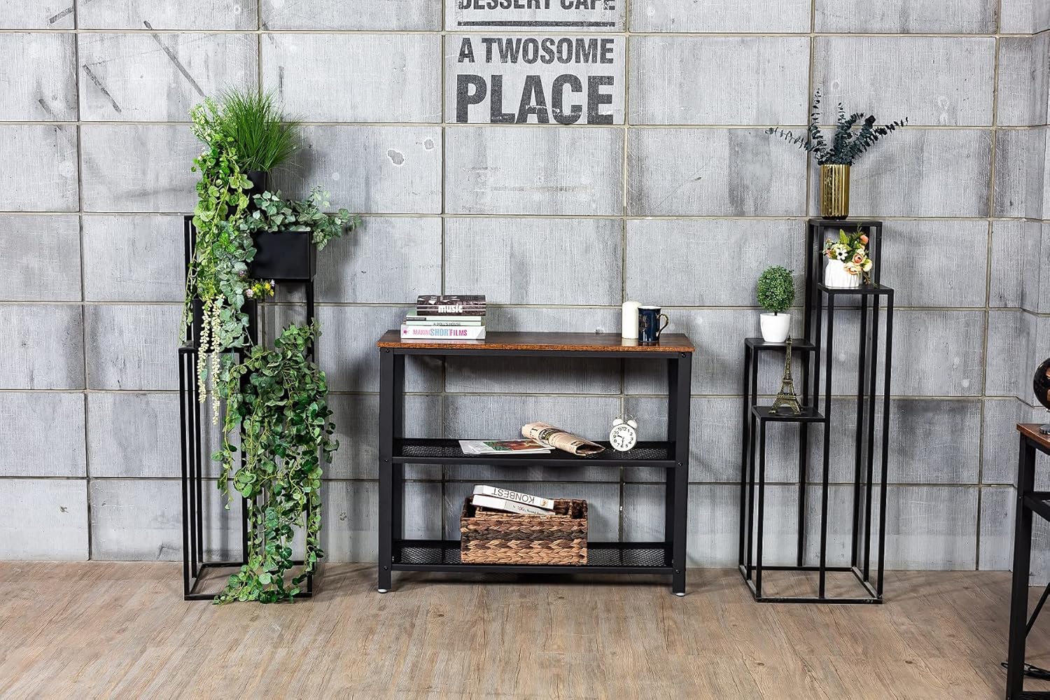 KOVOME Accent Industrial Entryway Console Table, Buffet Table, Sideboard with Metal Mesh Storage Shelves, Hallway Table, Display Table, Narrow Table