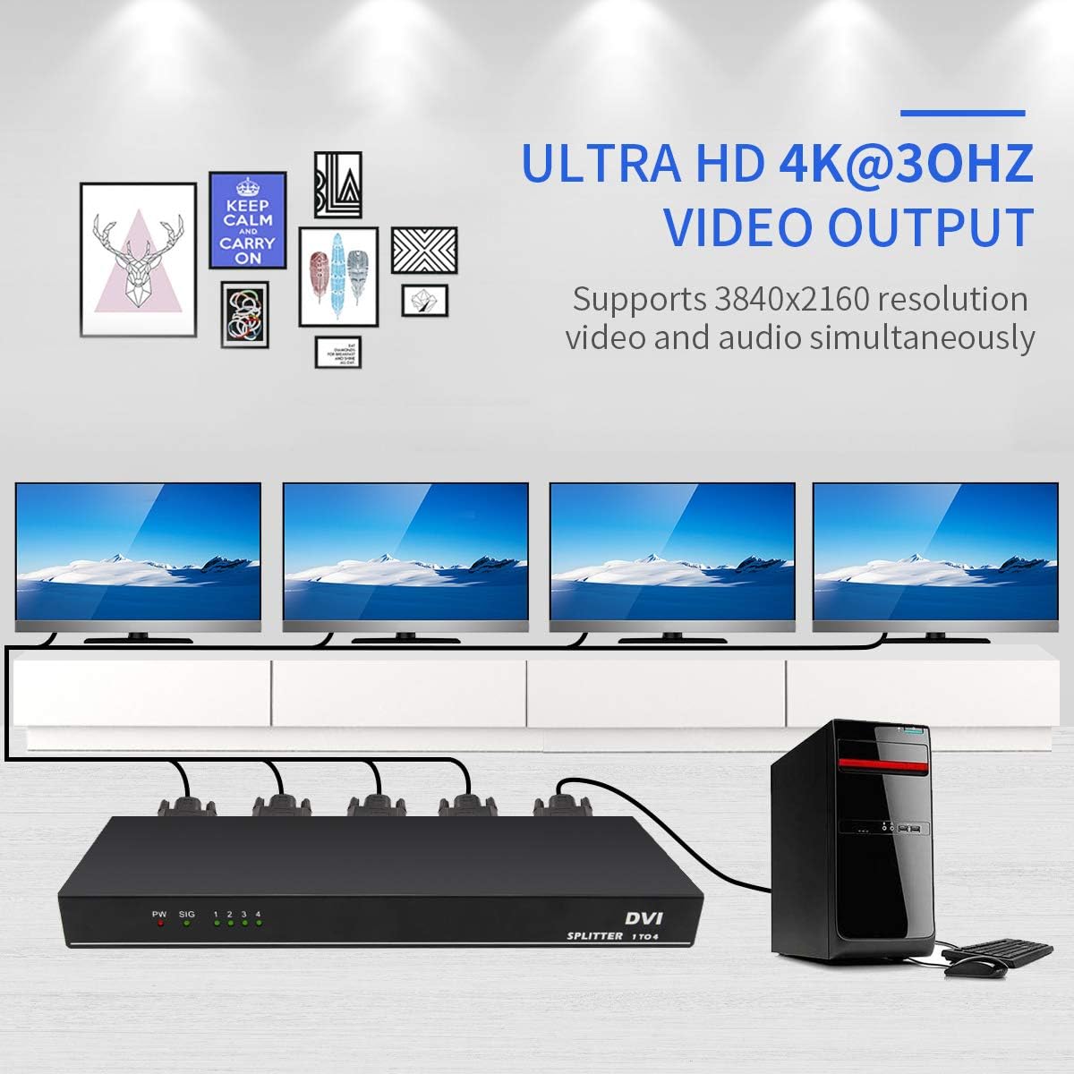 DVI Splitter,Ports DVI Distribution Duplicator Splitter,Supports Resolution up to 4K2K@30Hz,Copy EDID Automatically (1 in 4 Out) Pack of 2