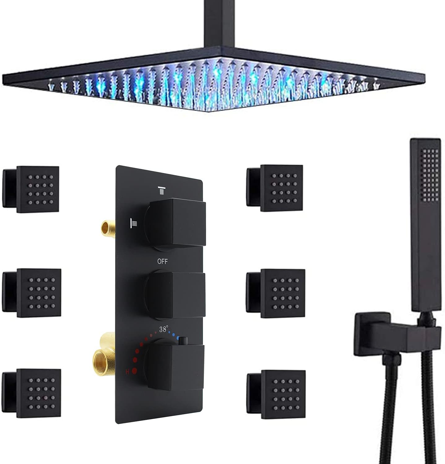 Bathroom Thermostatic Solid Brass Shower Faucets System, HOMEDEC LED Rain Shower Heads Combo Full Set Includes Rough-in Mixing Valve (12