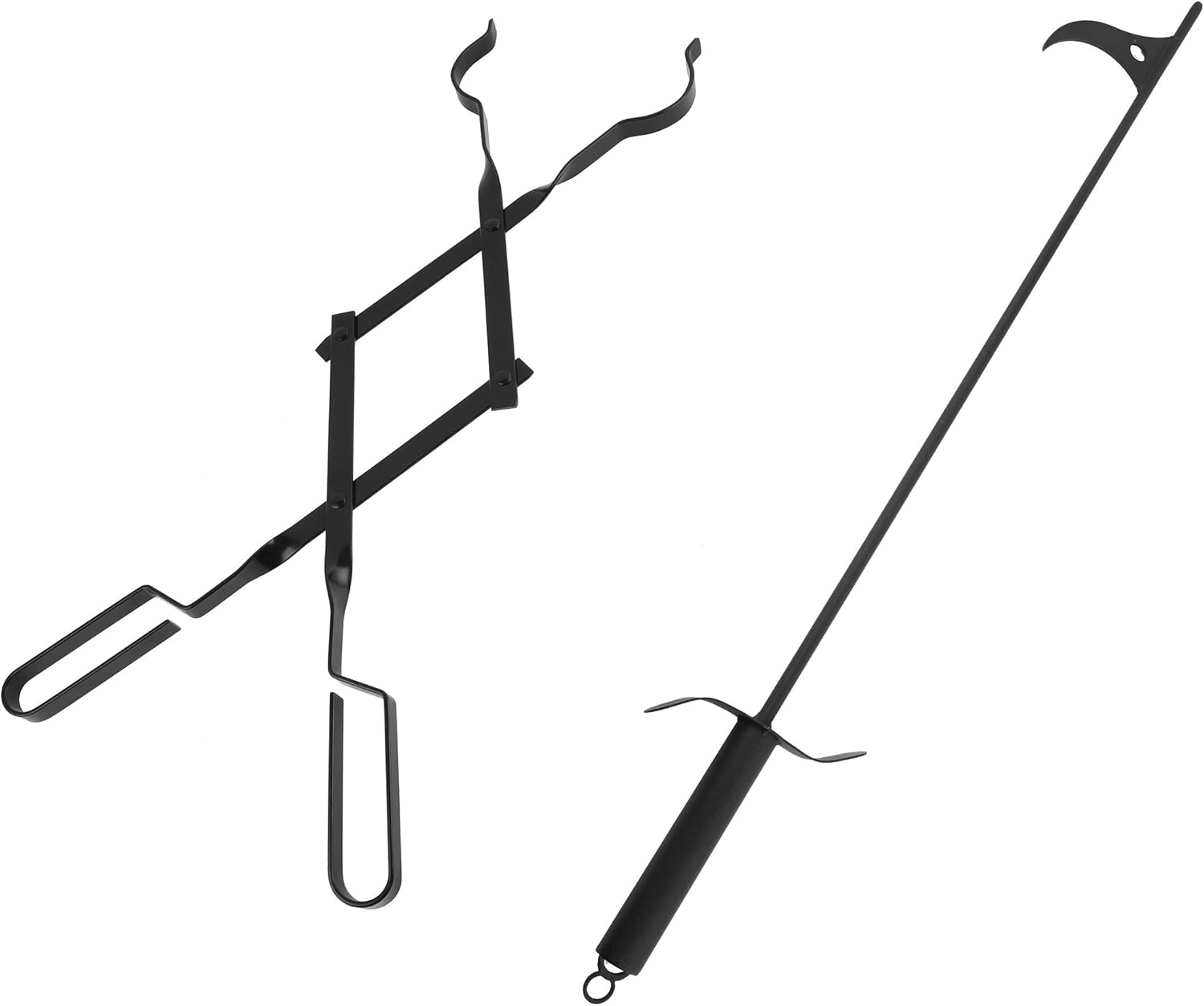 36-Inch Fireplace Fire Pit Campfire Poker Stick and 26-Inch Campfire Fireplace Tongs, Log Grabber, Camping, Wood Stove, Outdoor and Indoor Use, Black Solid Steel