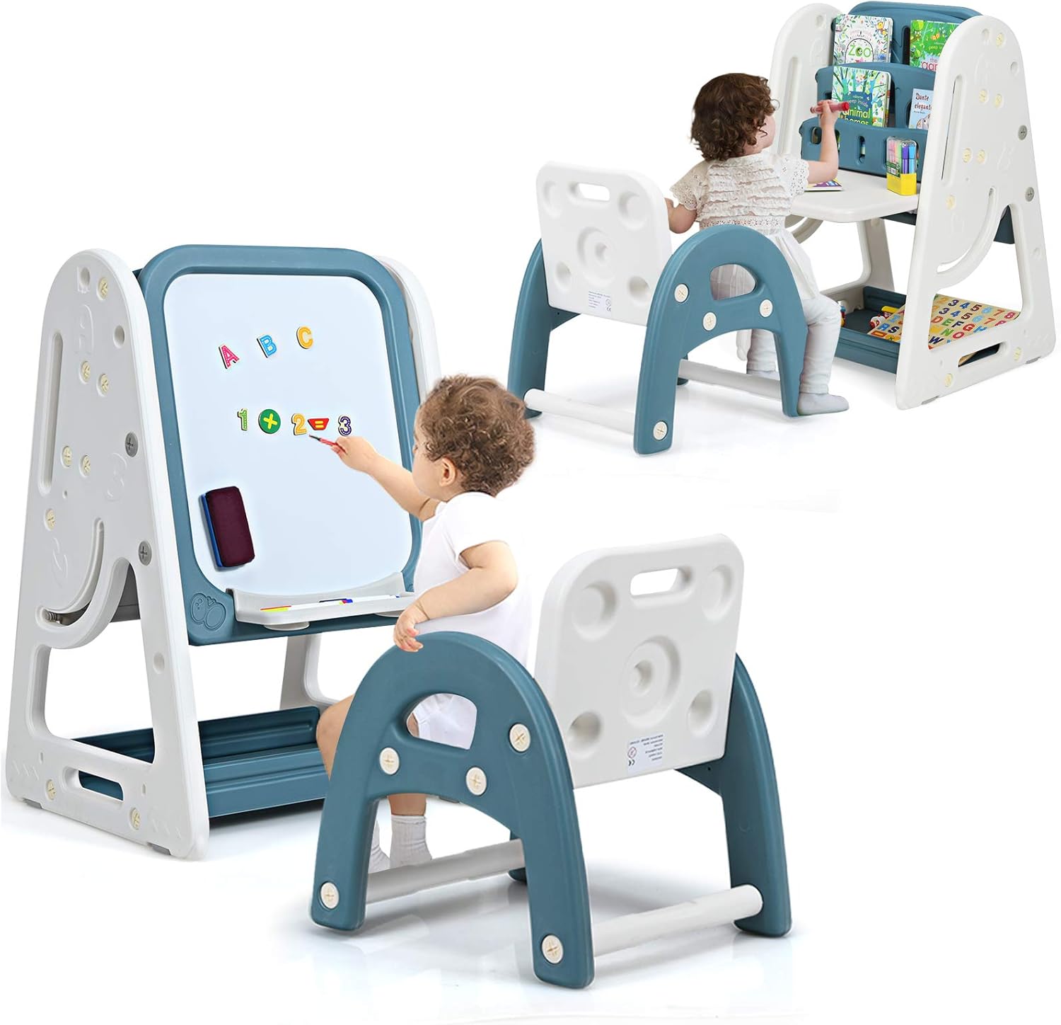 Costzon Kids Art Easel with Stool, 2 in 1 Double-Sided Magnetic Dry Erase Board and Kids Book Rack with Foldable Desktop, Adjustable Standing Easel with Letters and Number Magnets (Blue)