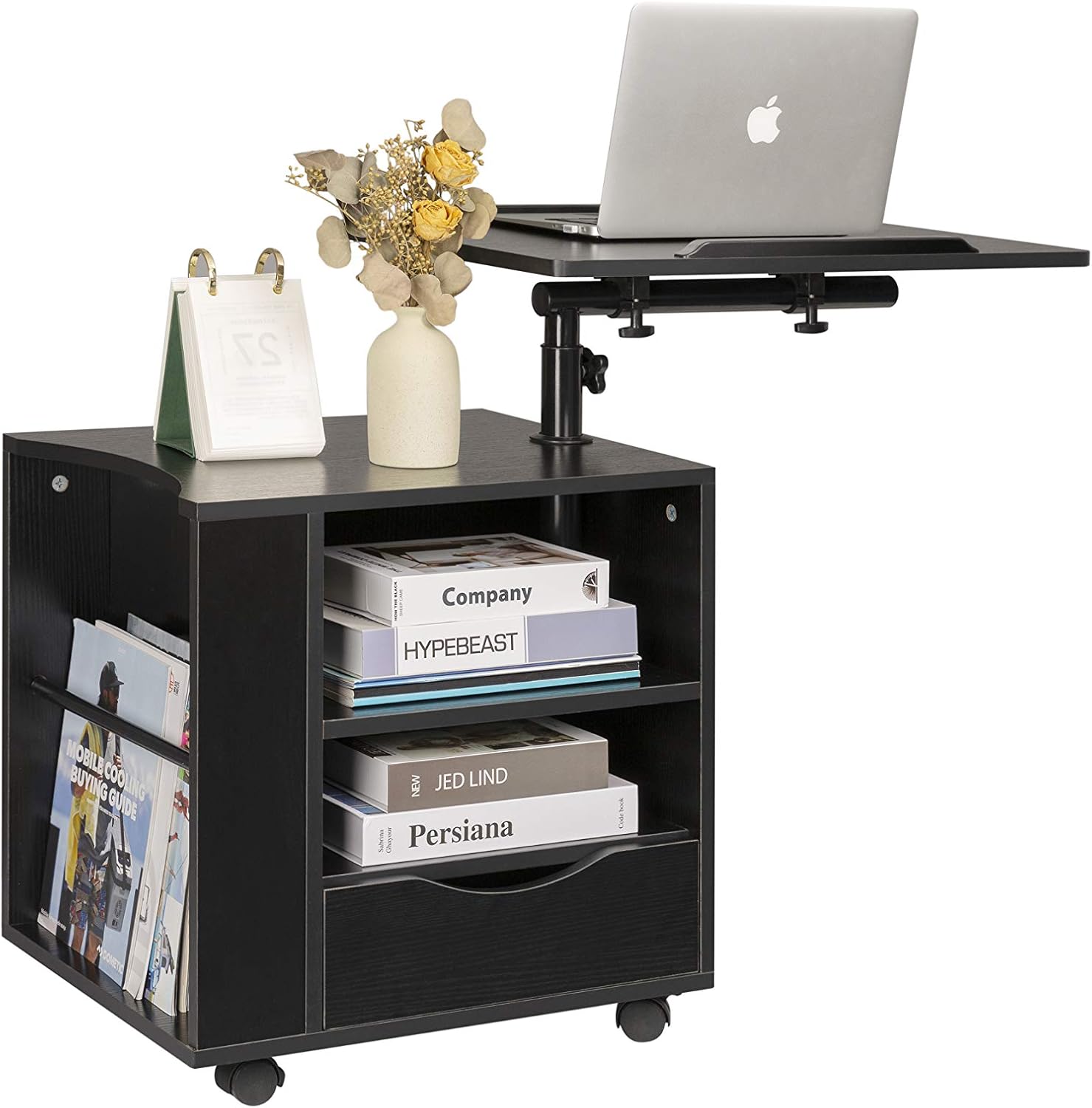 SIDUCAL Functional Bedside Table Adjustable & Swiel Wooden Nightstand with Drawers, Rolling Laptop Desk Computer Table, Black (Right Side)