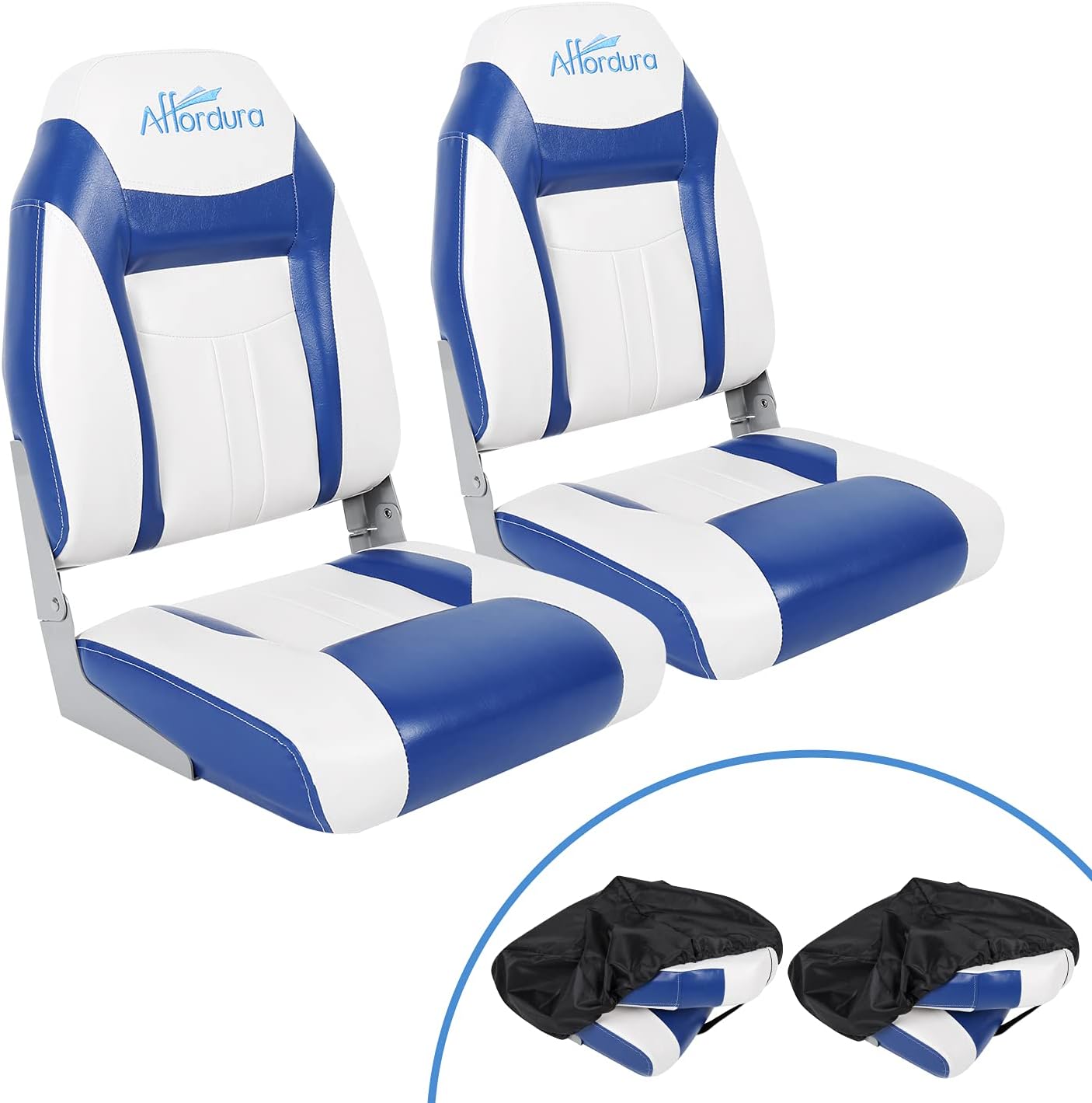 Affordura Boat Seat for Boats with 2 Storage Bags High Back Folding Boat Seat Boat Fold Down Seat (2 Packs), Blue and White