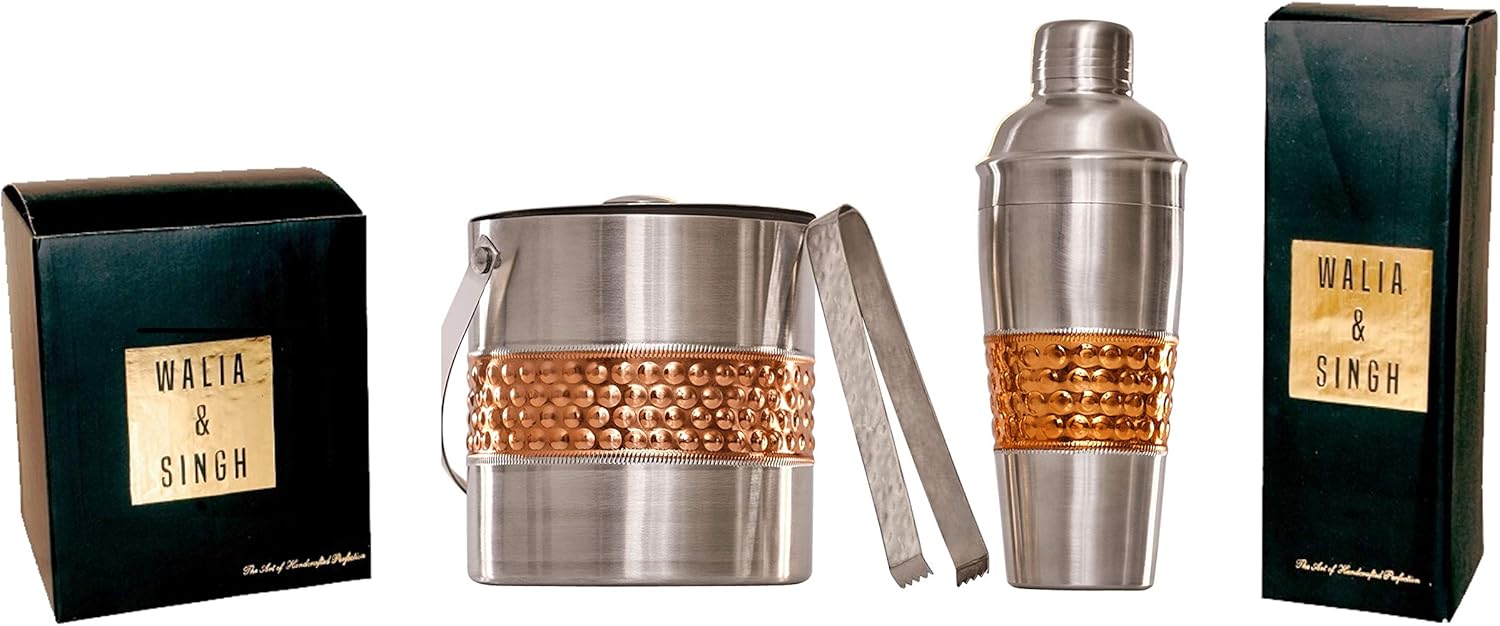 Walia-Singh Bar Set, Professional 3 in 1 Cocktail Shaker, Barware Set, Insulated Ice Bucket with Lid, Ice Tongs and Ice Bucket for Cocktail Bar, Hand Finished, Ideal Bar Sets for the Home Pack of 2