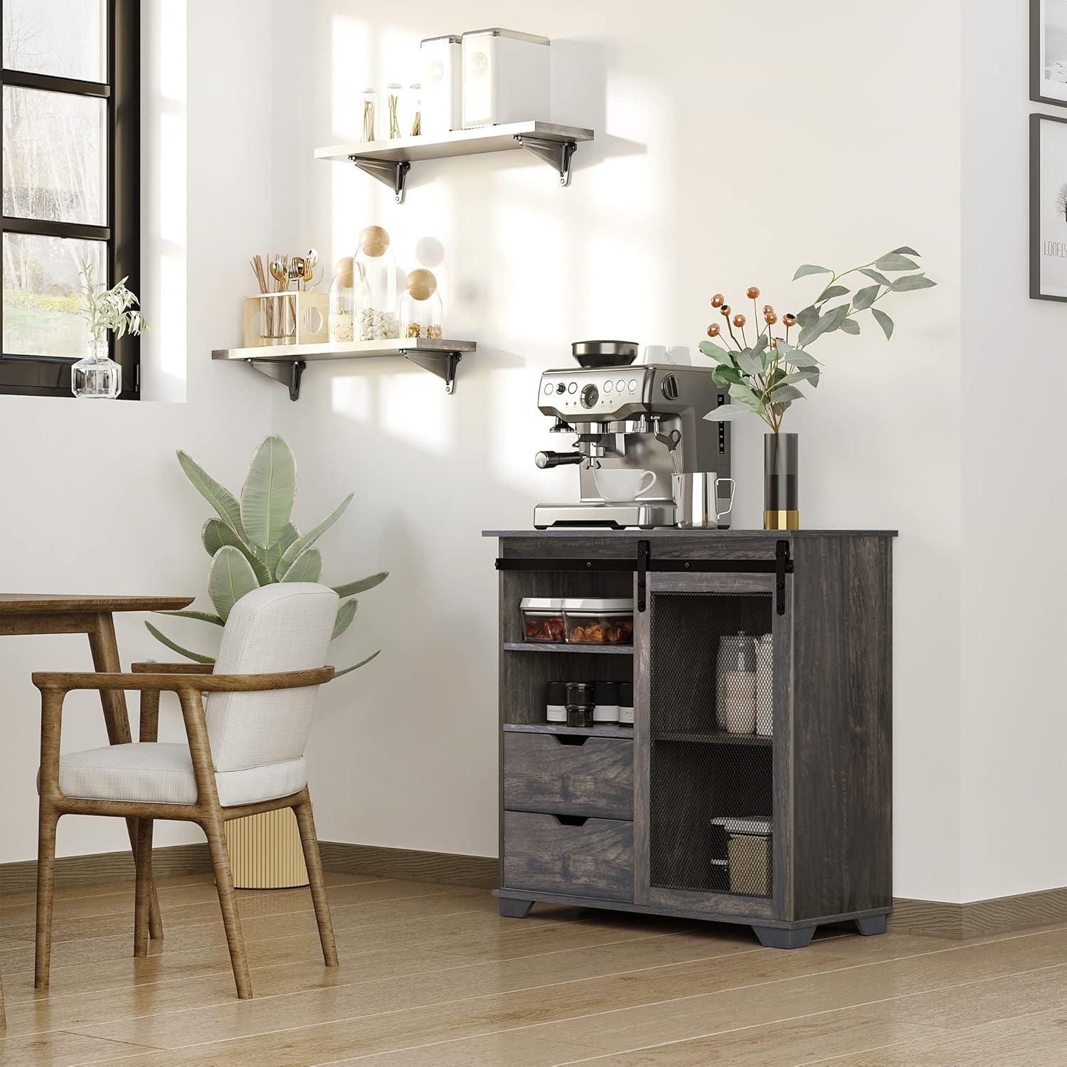 HOMCOM Industrial Storage Cabinet Freestanding Sideboard Buffet with 2 Drawers, 2 Shelves & Metal Mesh Door, Dark Brown/Black