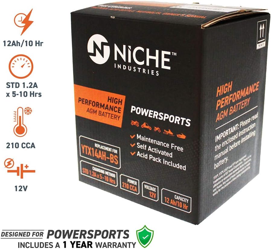 NICHE Battery for YTX14AH-BS AGM Sealed Maintenance Free 210CCA 12V Self Activated ATV UTV Motorcycle for Honda Yamaha