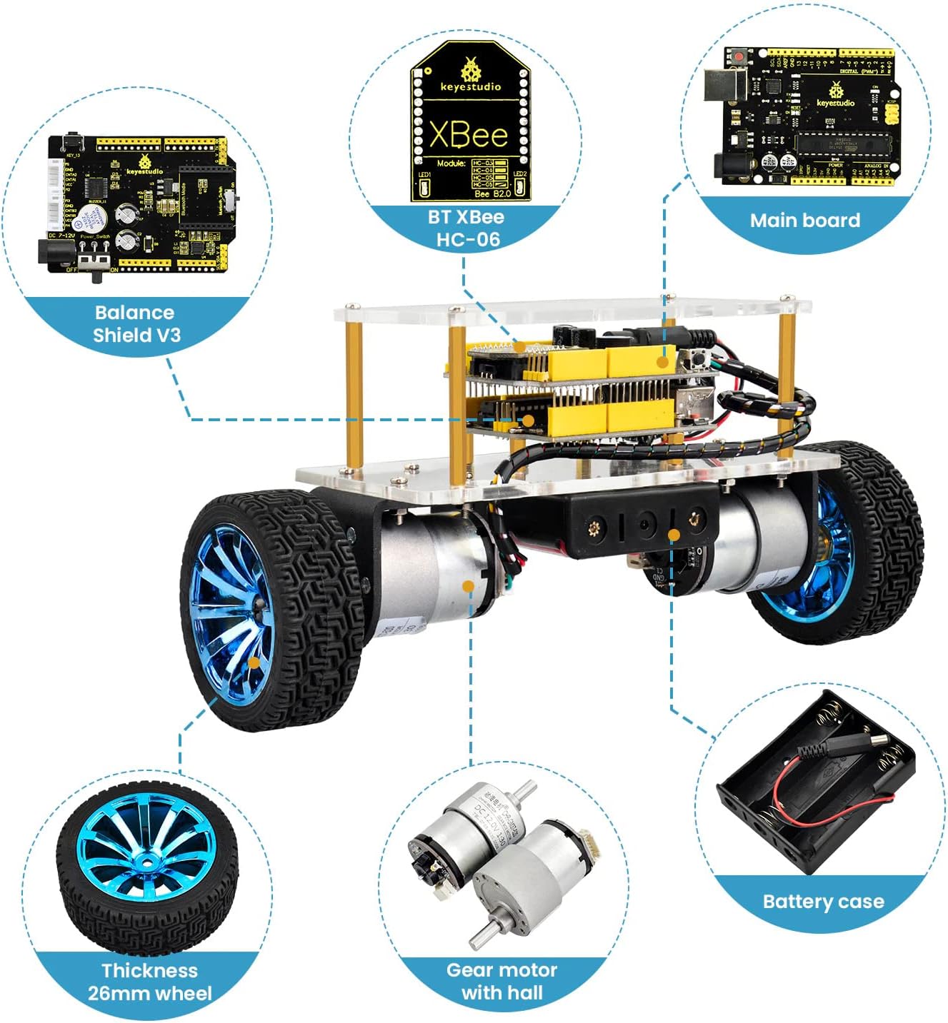 KEYESTUDIO Self-Balancing Robot Car Kit for Arduino DIY Project, Wireless Bluetooth Control, Strong DC Motors, Robotics and Electronics STEM Smart Car Kit for Adults to Build Pack of 2
