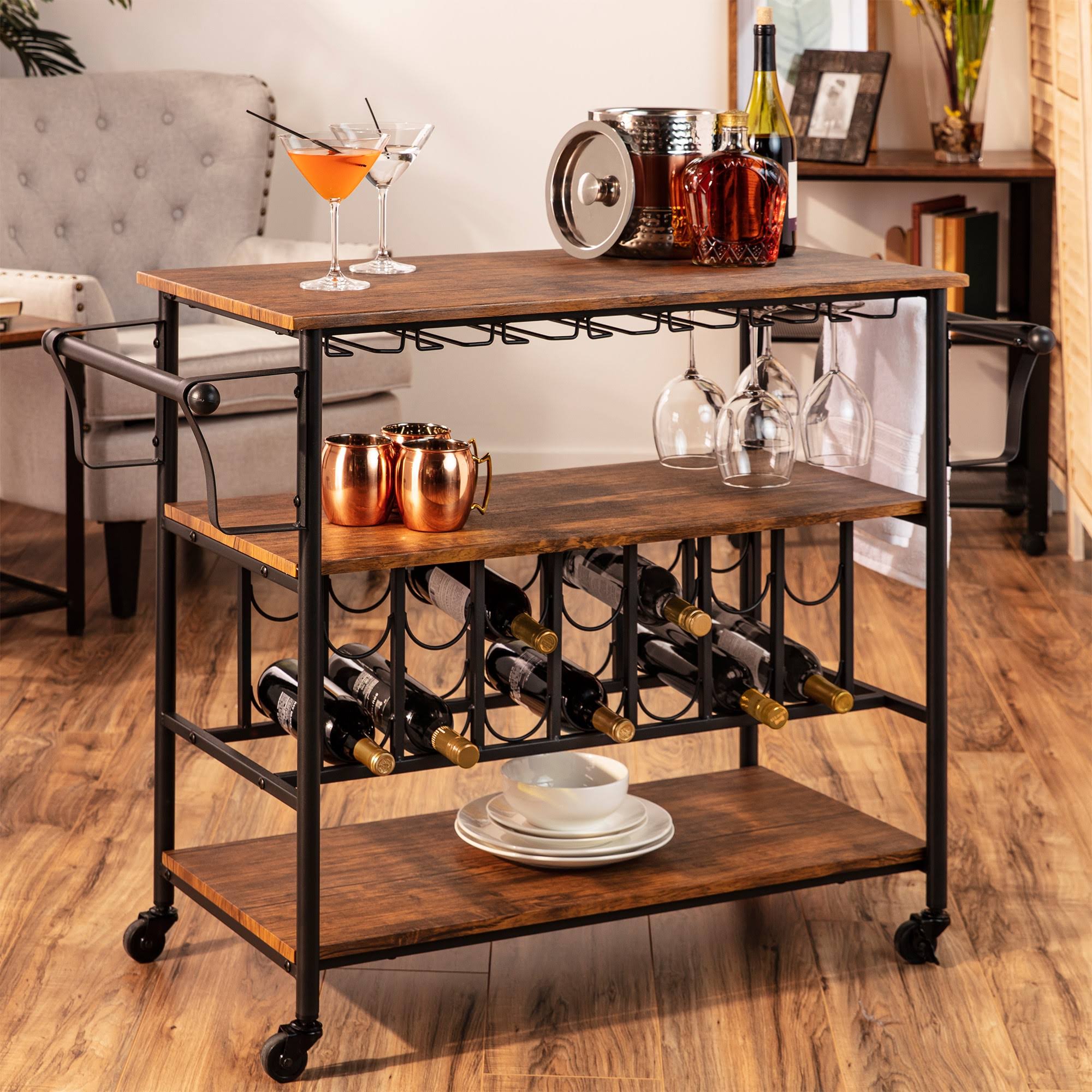 Best Choice Products 45in Industrial Wood Shelf Bar u0026 Wine Storage Service Cart w/ Bottle u0026 Glass Racks, Locking Wheels
