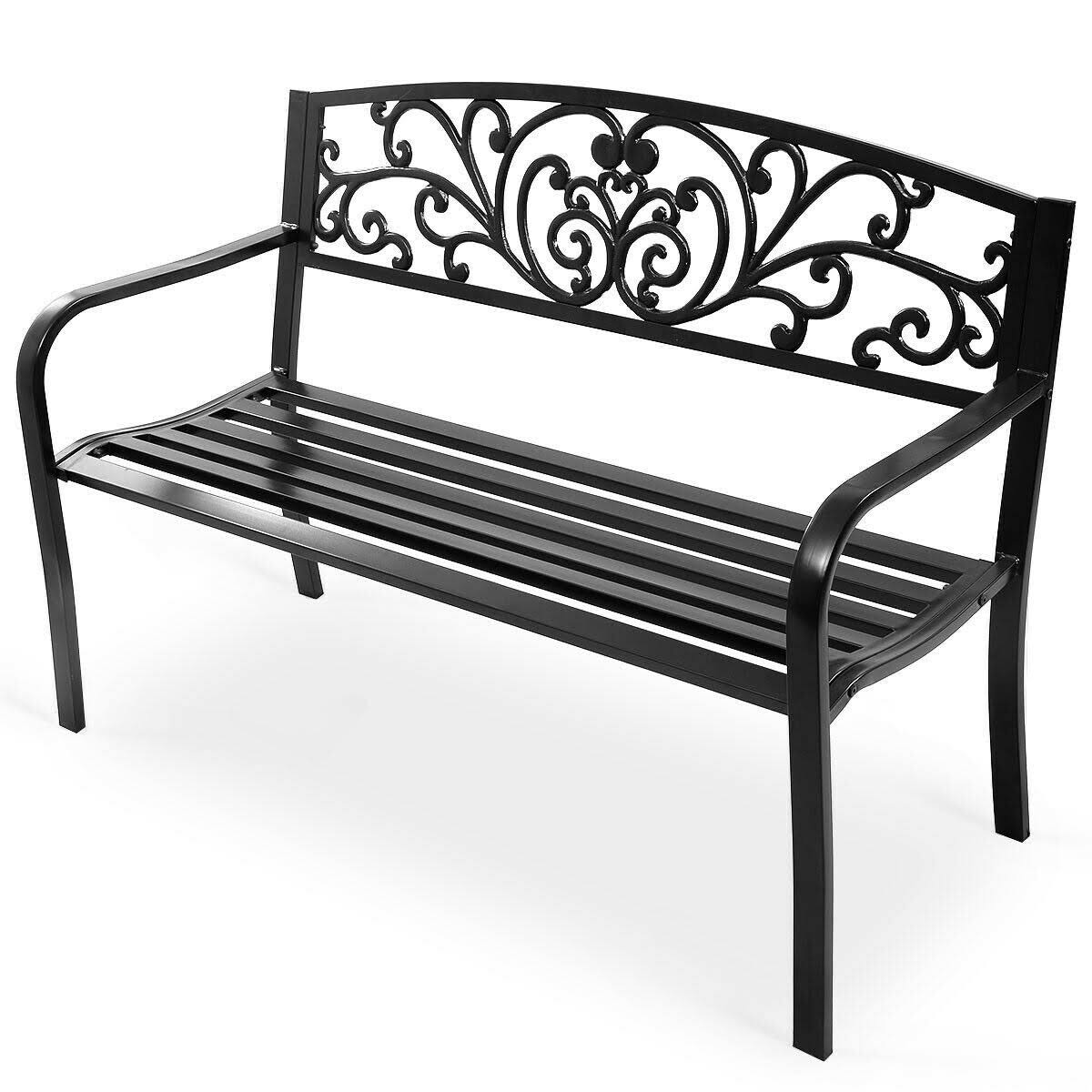 Costway 50&& Patio Park Garden Bench Porch Chair Steel Frame Cast Iron - Black