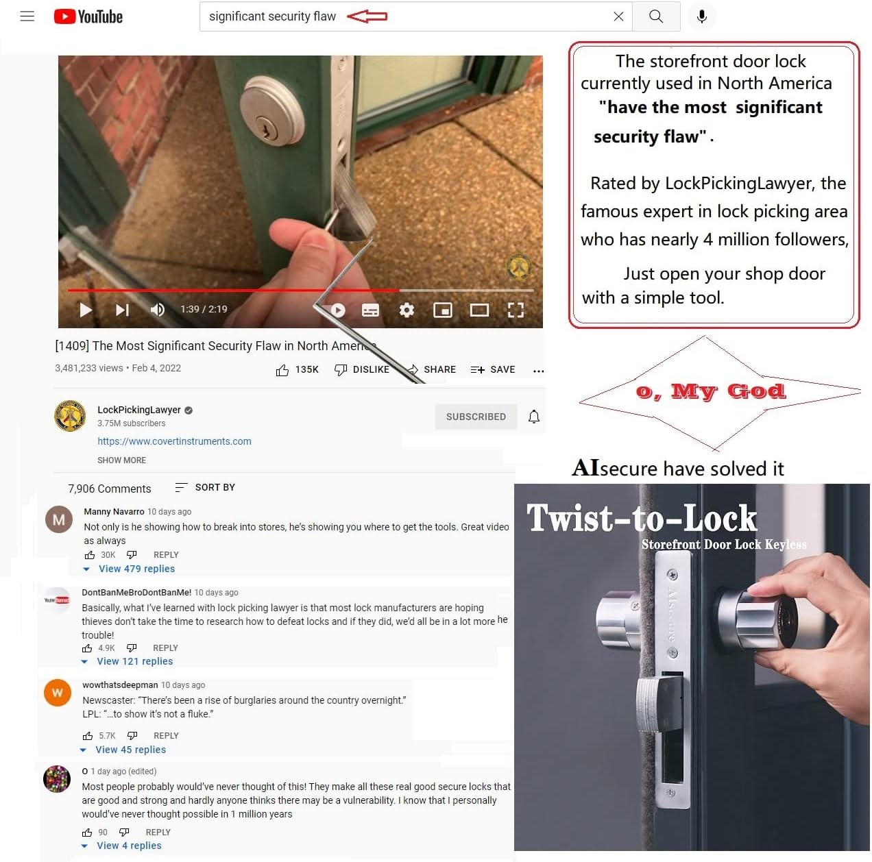 Twist-to-Lock Storefront Door Lock keyless by a Simple Twist with Anti-mislock Button,Mortise Lock,Swing deadbolt,Commercial Door Lock,Aluminum Frame Door Lock,deadbolt with Backset 1.1/8