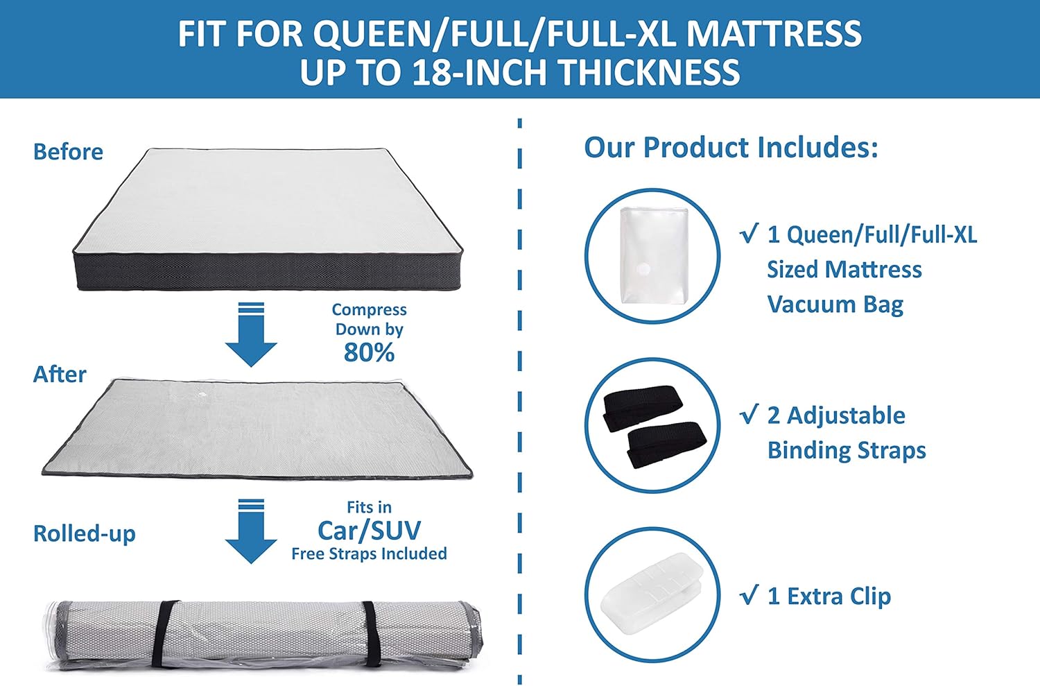 Queen/Full/Full-XL Foam Mattress Vacuum Bag for Moving, Vacuum Seal Mattress Bag with Straps