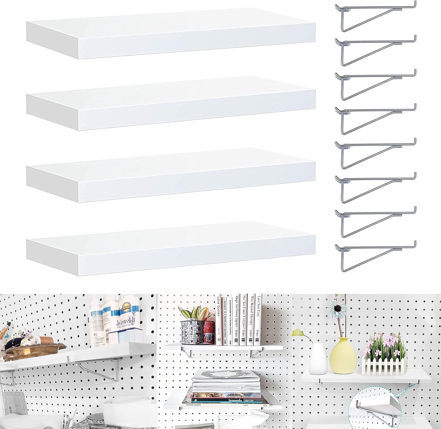 Pegboard Shelf Set, Pegboard Shelves with Steel Pegboard Brackets Pegboard Hooks, White Stain-Resistant Peg Board Organizer Shelves -Pegboard Accessories for Home,Garage,Nursery