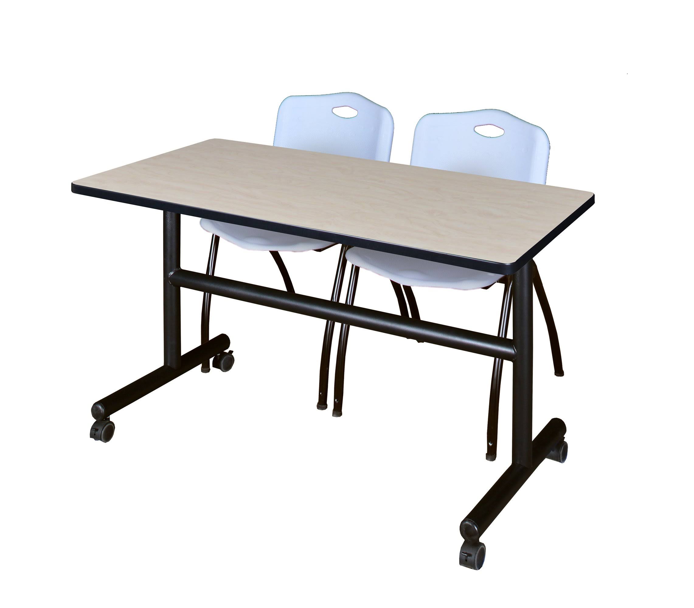 Kobe 48x22 Flip Top Mobile Training Table- Maple u0026 2 &M& Stack Chairs- Grey