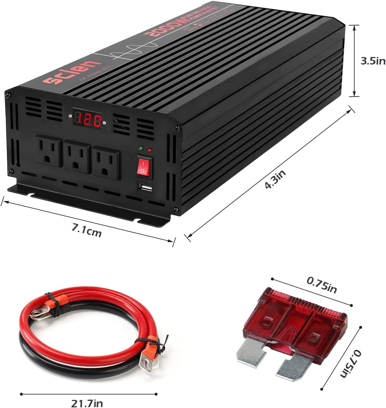 Sclen 2000W Pure Sine Wave Power Inverter 12V DC to 120V AC Converter,Car Inverter with LCD Display and 3AC Outlets and 1 USB Port,2 Cooling Fan Power Inverter for Home Boat Truck and Emergency