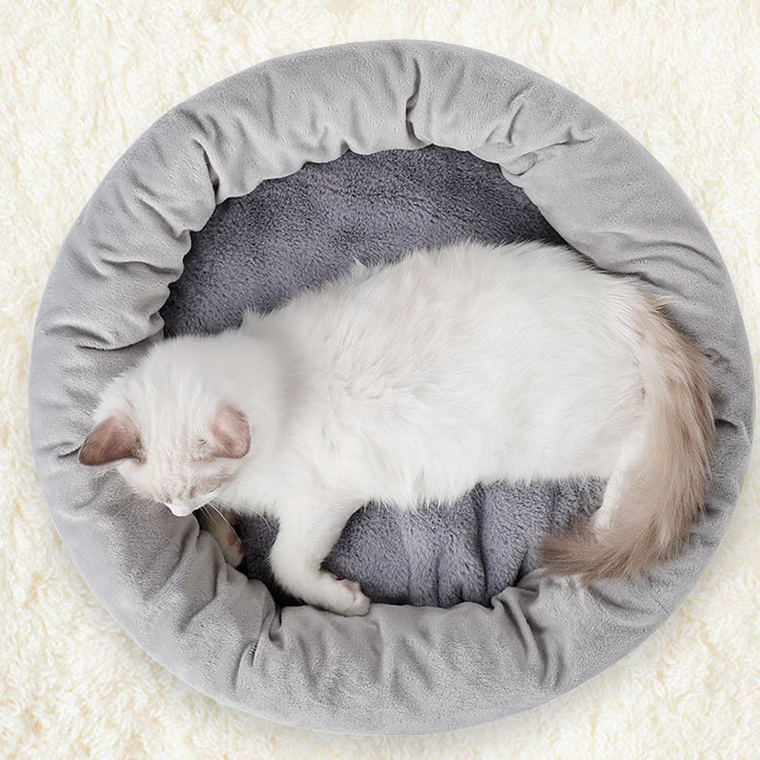 Fourtunes Calming Dog Bed Cat Bed with Anti Slip Waterproof Bottom, Round Faux Fur Donut Cuddler Pet Bed All Seasons Indoor Anti Anxiety Pet Sleeping Bed, Machine Washable Gray