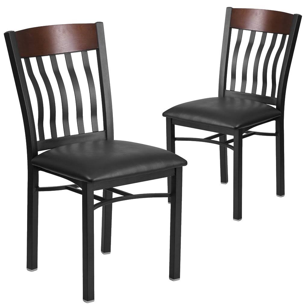 Flash Furniture 2 Pk. Eclipse Series Vertical Back Black Metal and Walnut Wood Restaurant Chair with Black Vinyl Seat