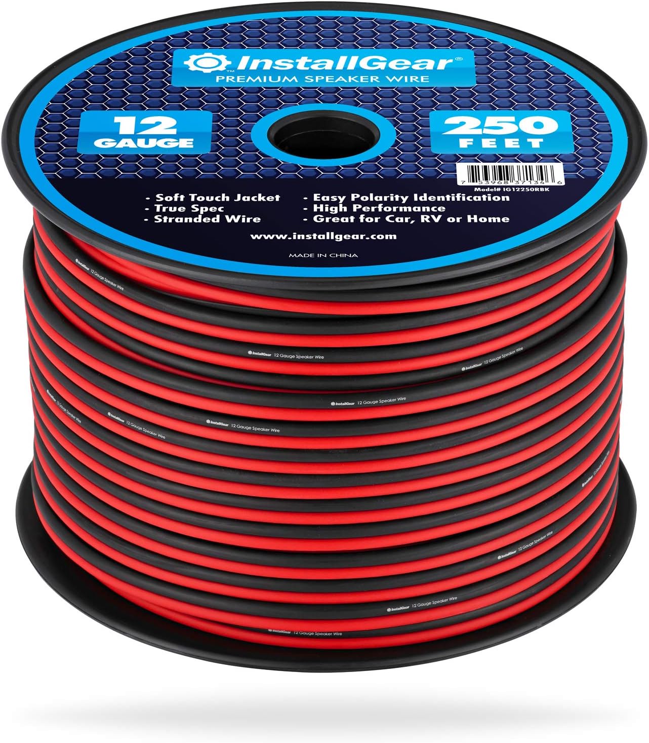 InstallGear 12 Gauge AWG 250ft Speaker Wire True Spec and Soft Touch Cable - Red/Black Pack of 2