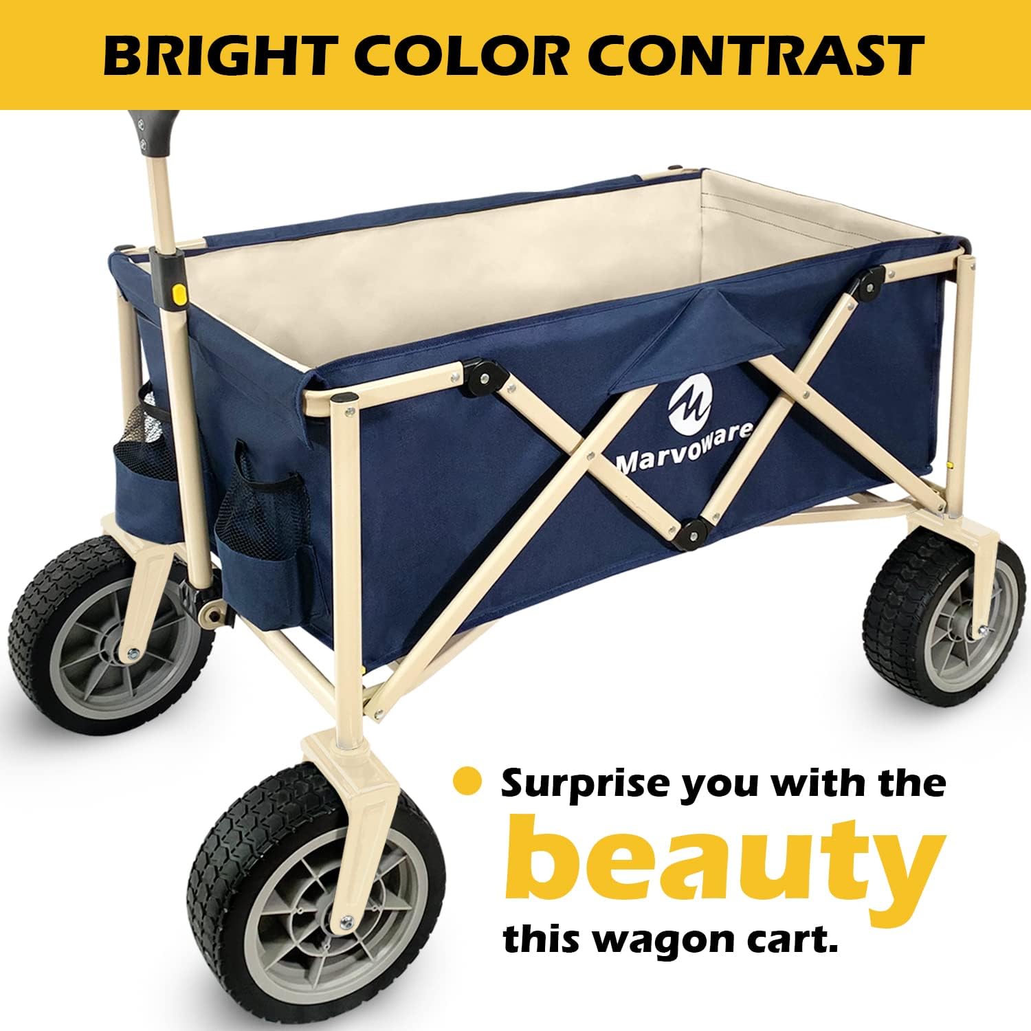 Marvoware Collapsible Wagon Carts Heavy Duty Foldable Beach Cart with Big and All-Terrain Wheels, Large Capacity Folding Wagon Cart, Securing Mesh and Straps Included
