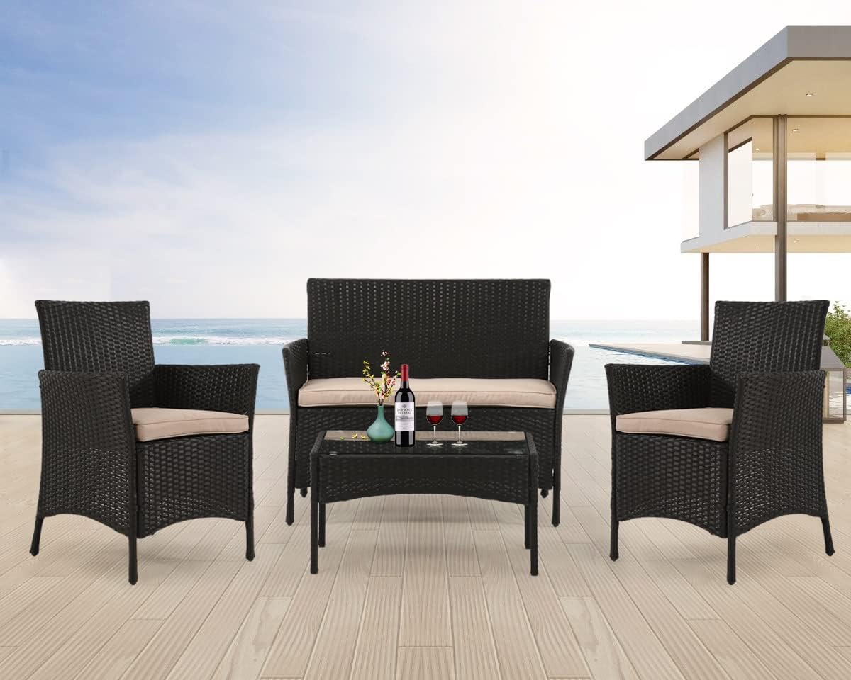 HGS Outdoor Rattan Chair 4 Pieces Garden Conversation Set Patio Furniture Sets Wicker Sofa&Table Rattan Chair for Yard Balcony Poolside Backyard, Black
