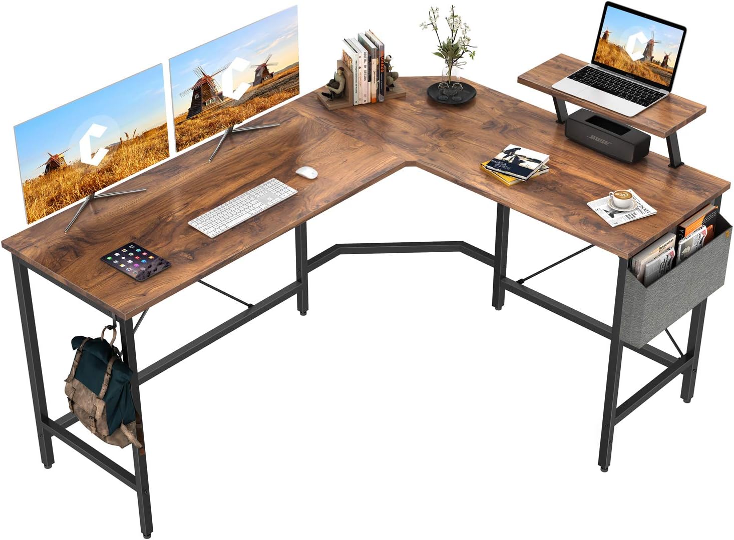 Cubiker Modern L-Shaped Computer Office Desk, Corner Gaming Desk with Monitor Stand, Home Office Study Writing Table Workstation for Small Spaces