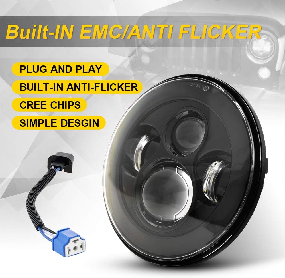 SPL Classic 7'' Inch Cree Chips LED Headlights Compatible with Jeep Wrangler 97-2017 JK TJ LJ/H1 H2(Black Pair)