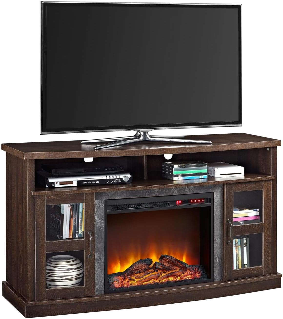 Ameriwood Home Barrow Creek Fireplace Console with Glass Doors for TVs up to 60