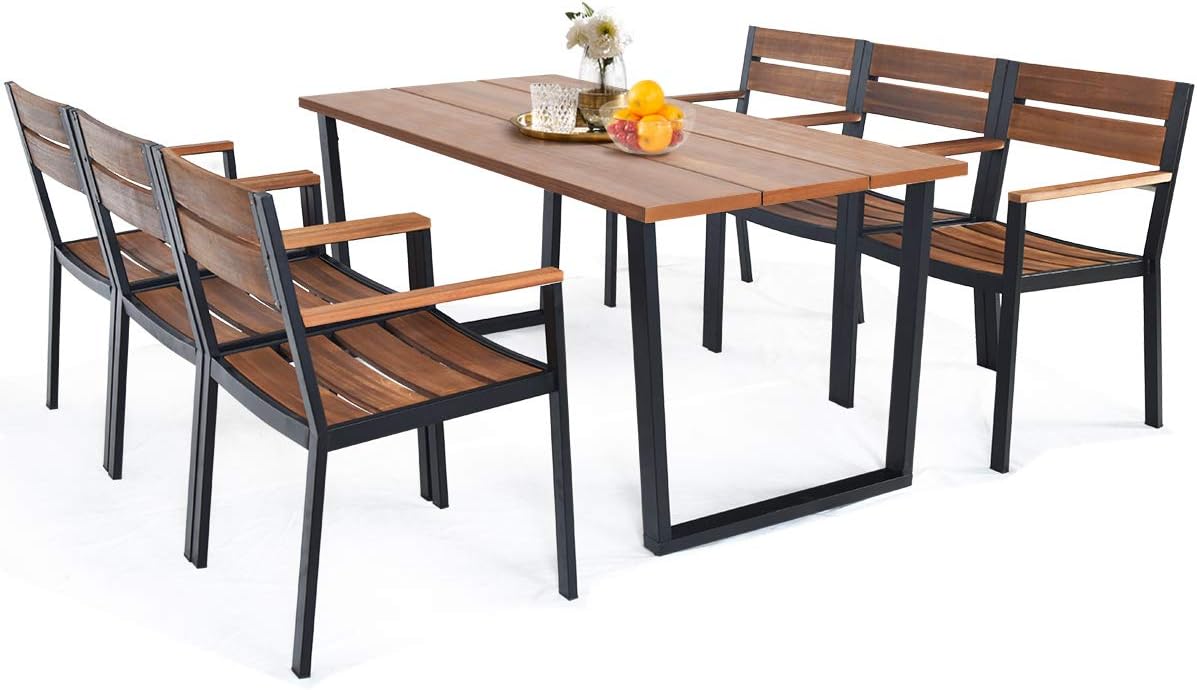 HAPPYGRILL 7 Piece Patio Dining Set Outdoor Dining Furniture with 6 Armchair Heavy Duty Steel Frame Acacia Wood Table Top Umbrella Hole Patio Furniture Set for Backyard Garden Poolside