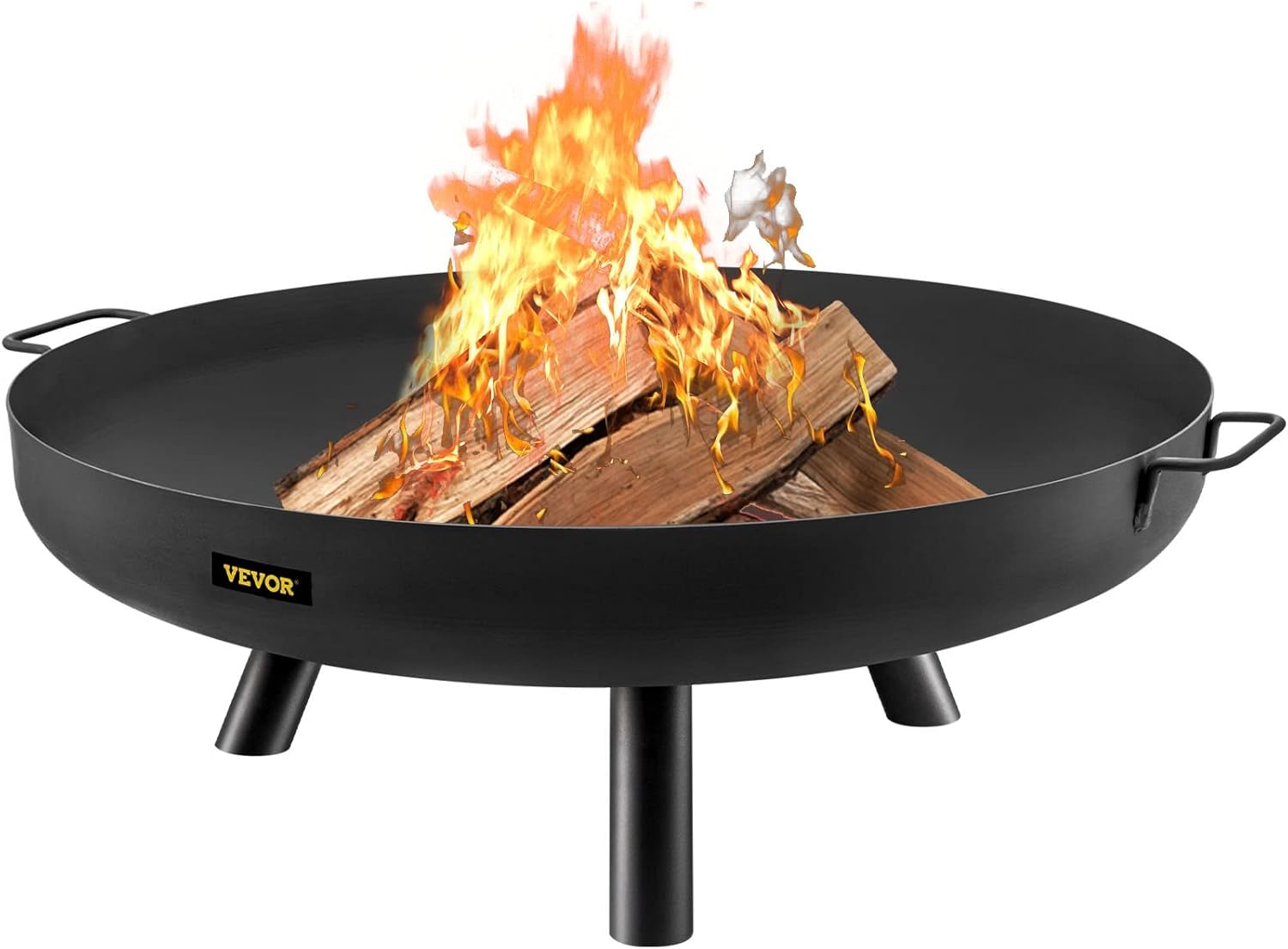 VEVOR Fire Pit Bowl, 30-Inch Deep Round Carbon Steel Fire Bowl, Wood Burning for Outdoor Patios, Backyards & Camping Uses, with A Drain Hole, Portable Handles and A Firewood Stick, Black
