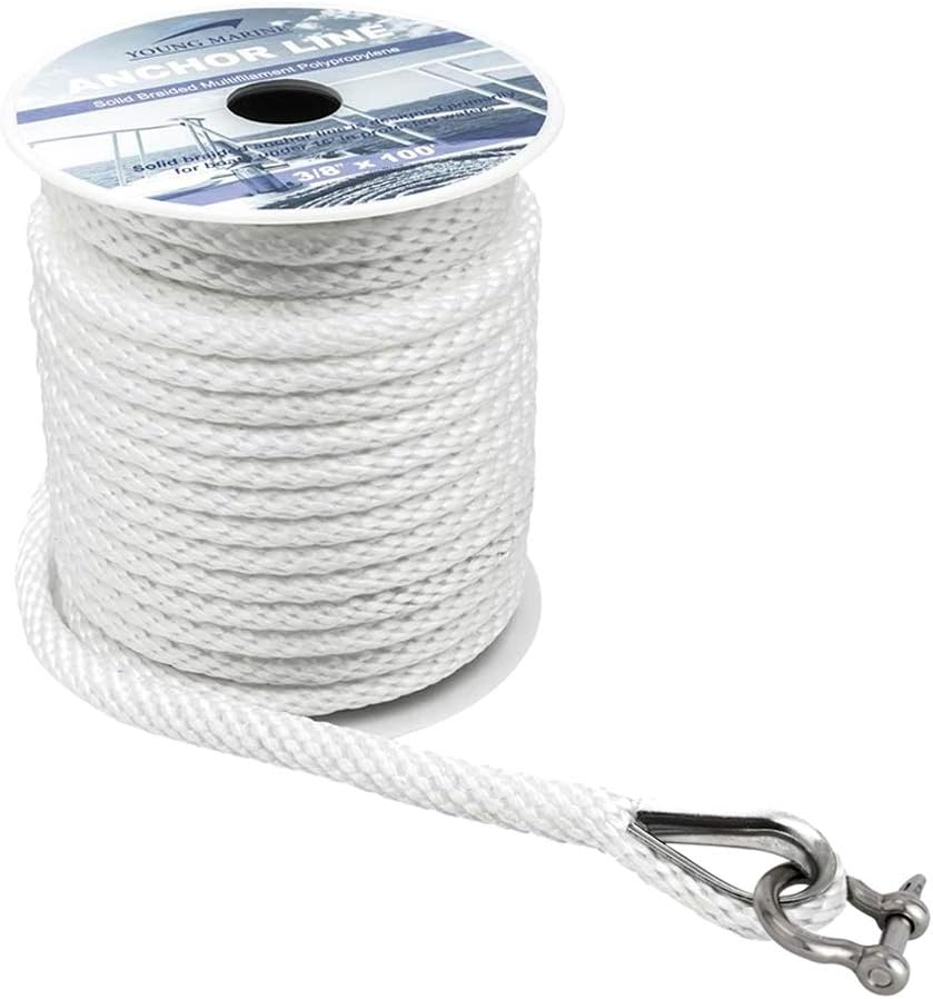 Young Marine Premium Solid Braid MFP Anchor Line Braided Anchor Rope/Line 3/8 Inch 100FT with Stainless Steel Thimble & Shackle (3/8