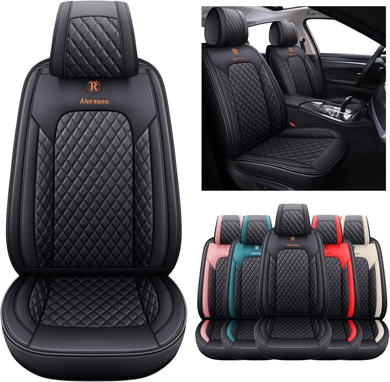 2 Front Seat Covers for Cars Leather Waterproof Vehicle Seat Cushions Universal for Ford Fusion Focus Edge Kia Soul Sentra Armada Hyundai Elantra Cruze (2 PCS Front, Black)