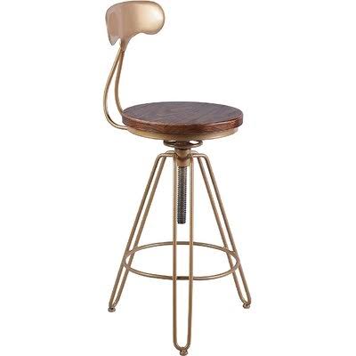 Set of 2-Gold Metal Swivel Adjustable Kitchen Counter Stools with Back Bar Height Stool-Brown Wood Modern Industrial Cafe Stool