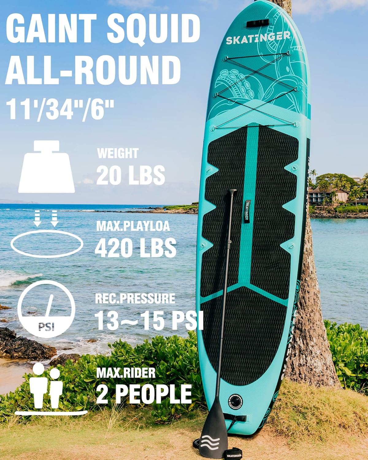 Skatinger Inflatable Stand Up Paddle Boards, 11'x34''x6'' SUP Board w/1600D Backpack, 6 Extra D-Rings, Shoulder Strap, US Central Fin, 2-Action Pump, 3PCS Floatable Paddle, Leash for All Skill Levels.