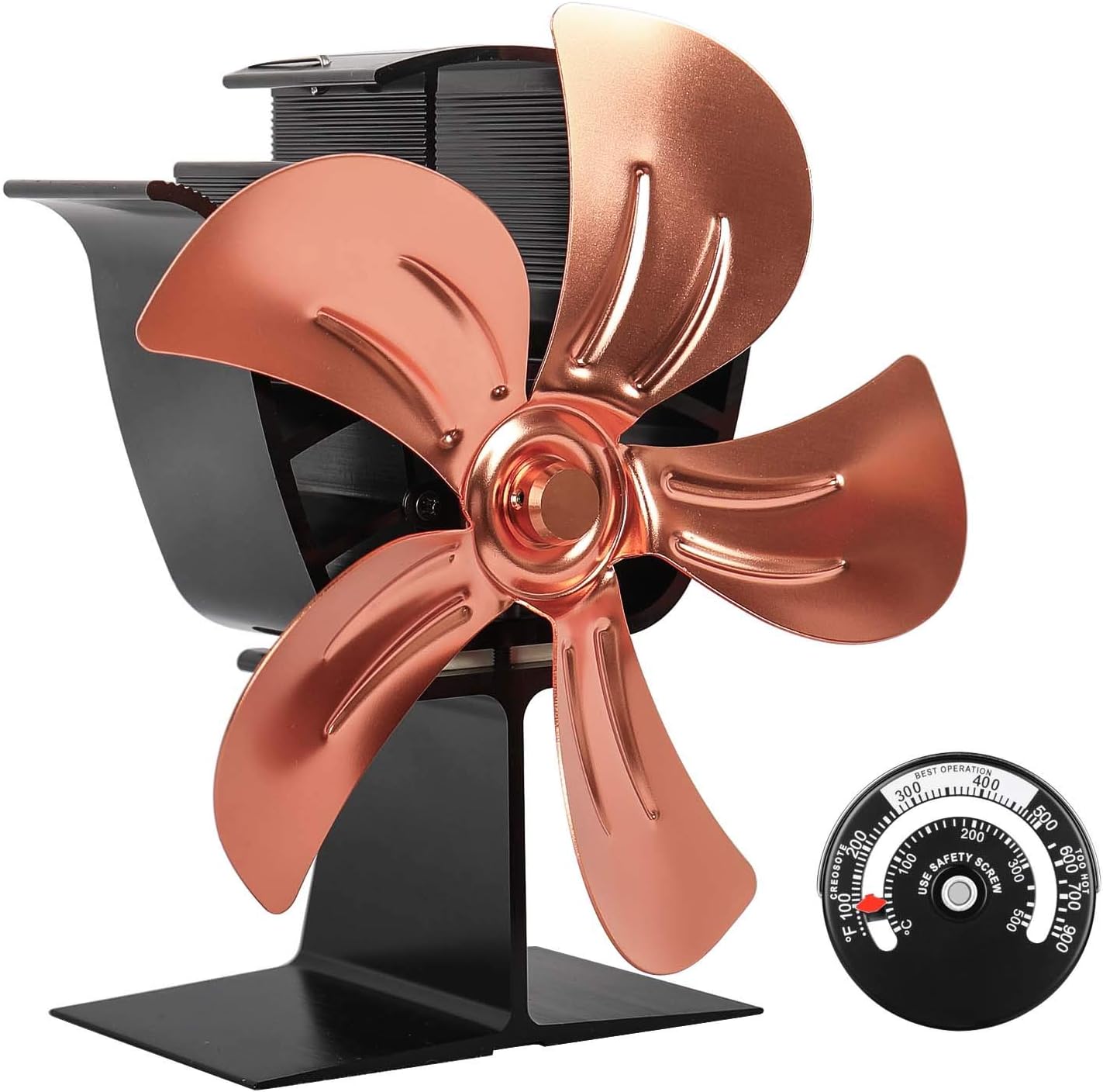 KINDEN Wood Burner Fan 5-Blade Heat Powered Stove Fan for Wood Log Ultra Quiet with Stove Thermometer (Aluminium Gold,Large Size) Patent Pending Pack of 2