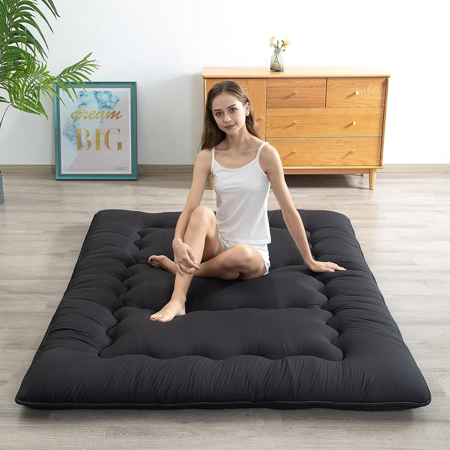 HIGOGOGO Black Futon Mattress for Floor, Thick Geometric Pattern Japanese Floor Mattress Sleeping Tatami Mat Roll Up Camping Mattress, Portable Floor Guest Bed Floor Lounger, Twin
