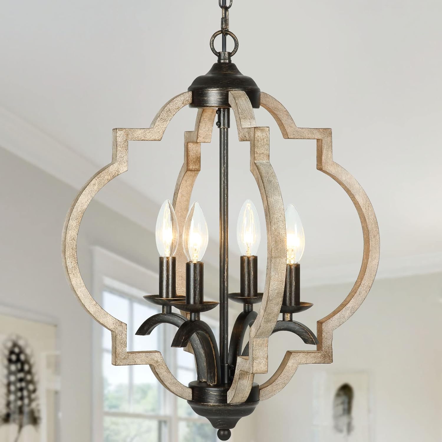 Oriland Orb 4-Light Chandelier, Farmhouse Handmade Wood Chandelier with Brown and Black, Rustic Kitchen Island Ceiling Light Fixture for Dining Room, Living Room, Bedroom, Foyer, Entryway, Hallway