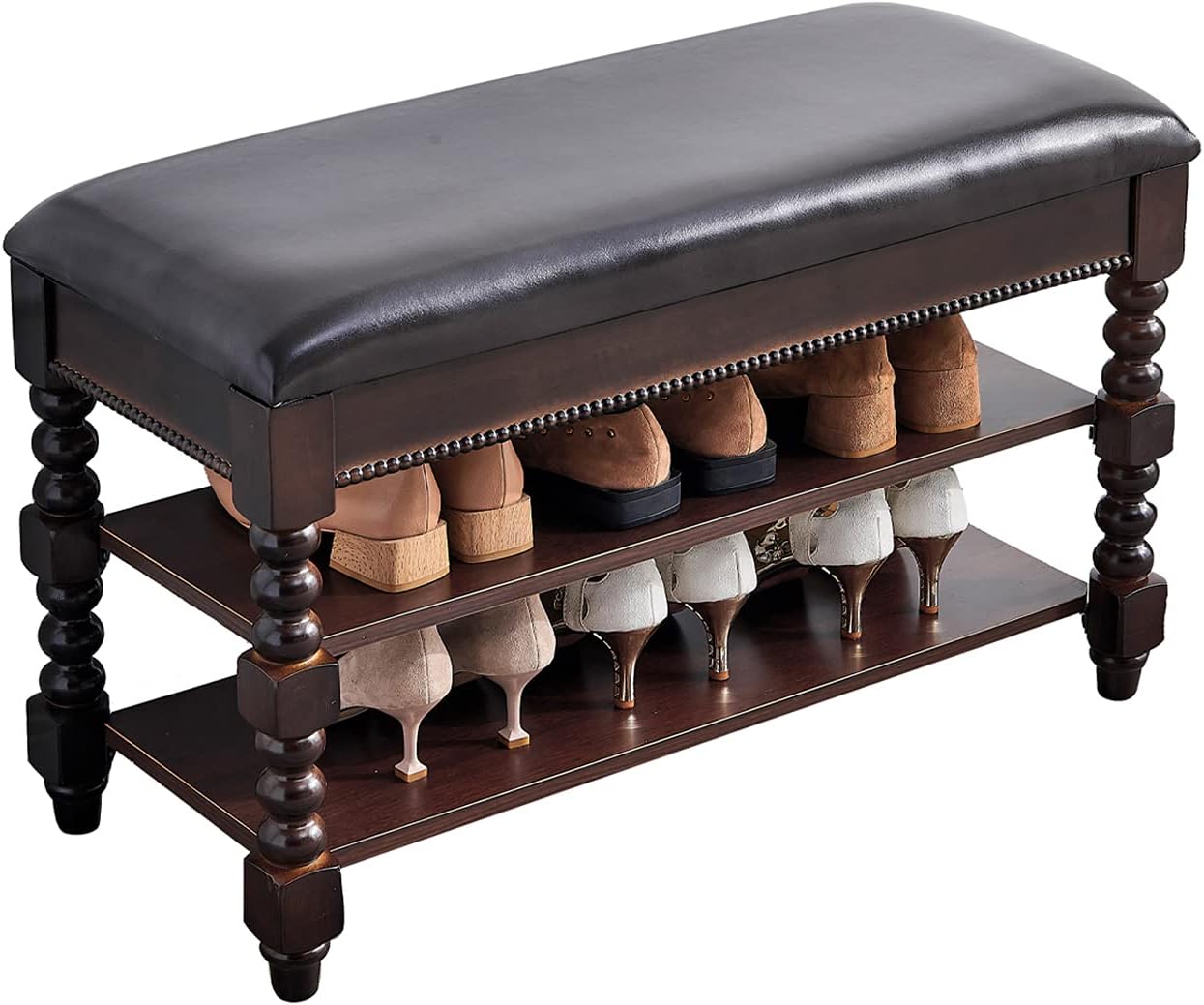 LKZ Shoe Storage Bench Wooden Shoe Rack with Leather Seat Shoe Benches for Bedroom, Living Room, Hallway (31.5'')