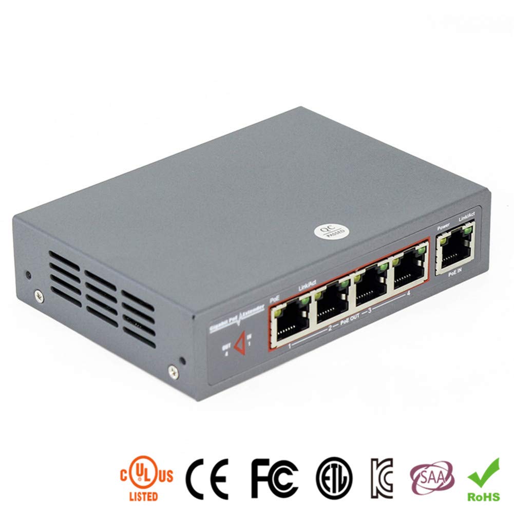 60W Gigabit Network PoE Extender, CENTROPOWER Ethernet Extender with 4 Port PoE+ Switch Support IEEE 802.3 af/at Pack of 2