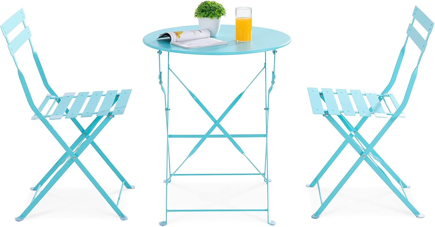 JY QAQA 3 Pieces Patio Bistro Set Folding Round Table and Chairs,Metal Frame Outdoor Indoor Furniture for Garden Balcony Backyard Pool Porch Lawn Living Room,No Assembly Required
