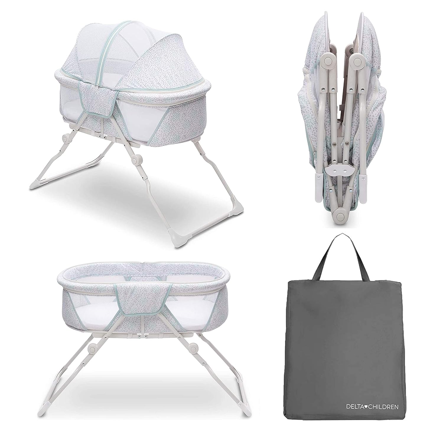 Delta Children EZ Fold Ultra Compact Travel Bedside Bassinet - Folding Portable Crib with Removable Canopy, Inner Circle