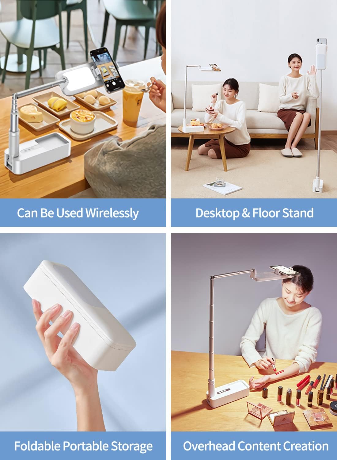 yAyusi Phone Stand for Recording,360° Rotation with Selfie Stands and Phone Holders,Overhead Phone Mount,1000mAh Battery Operated 7 Brightness LED Light for Live Streaming/YouTube/Video Recording Pack of 2