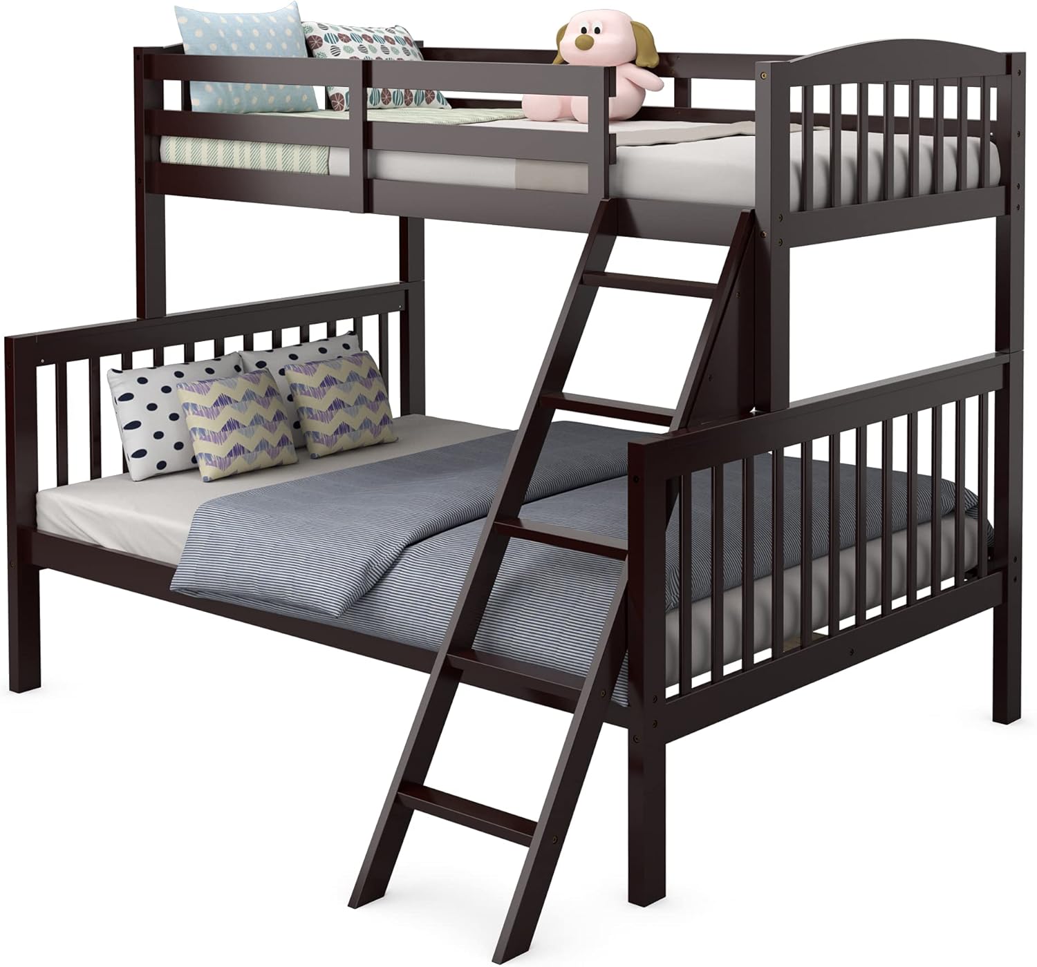 KOTEK Twin Over Full Bunk Bed, Solid Rubber Wood Bunk Loft Bed Frame with Ladder and Guardrail, Detachable Twin-Over-Full Bunk Bed for Teens and Kids (Grey)